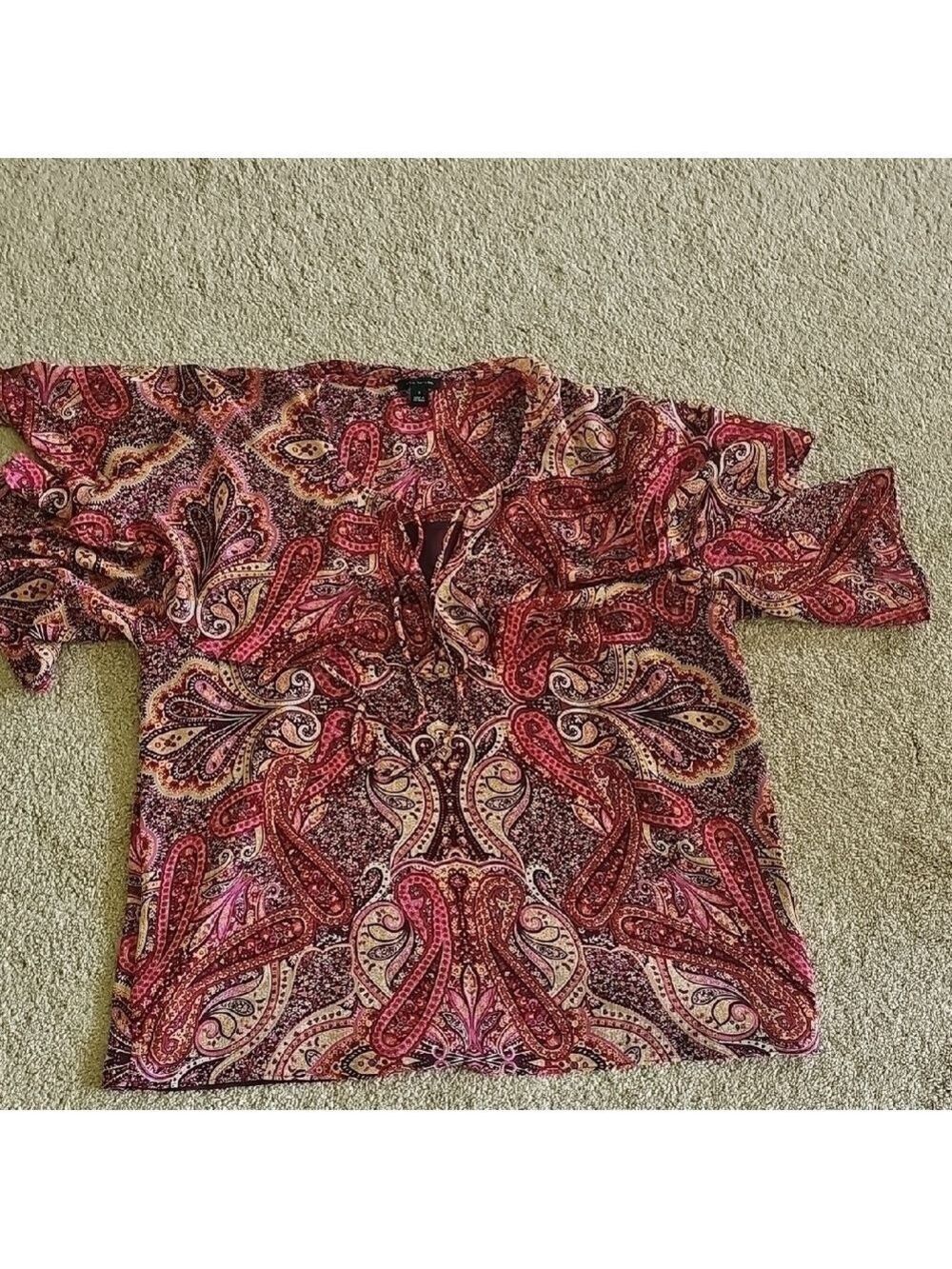 Ann Taylor Pink and Red Graphic Blouse with Mandarin Collar